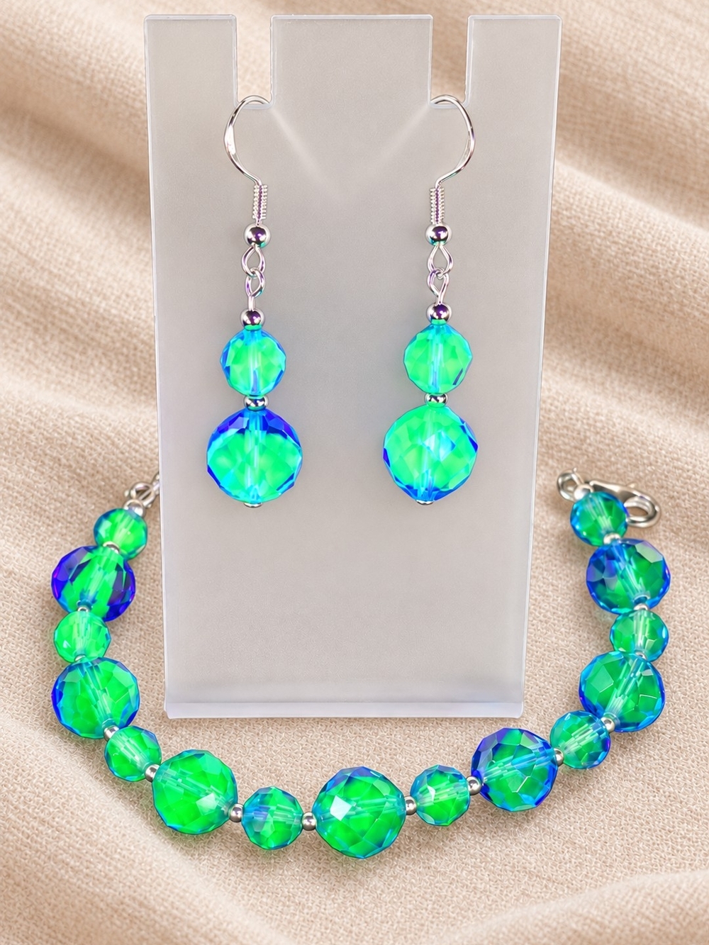 Uranium Blue-Green Glass Bracelet & Earrings Handmade| UV Reactive 7" Sterling